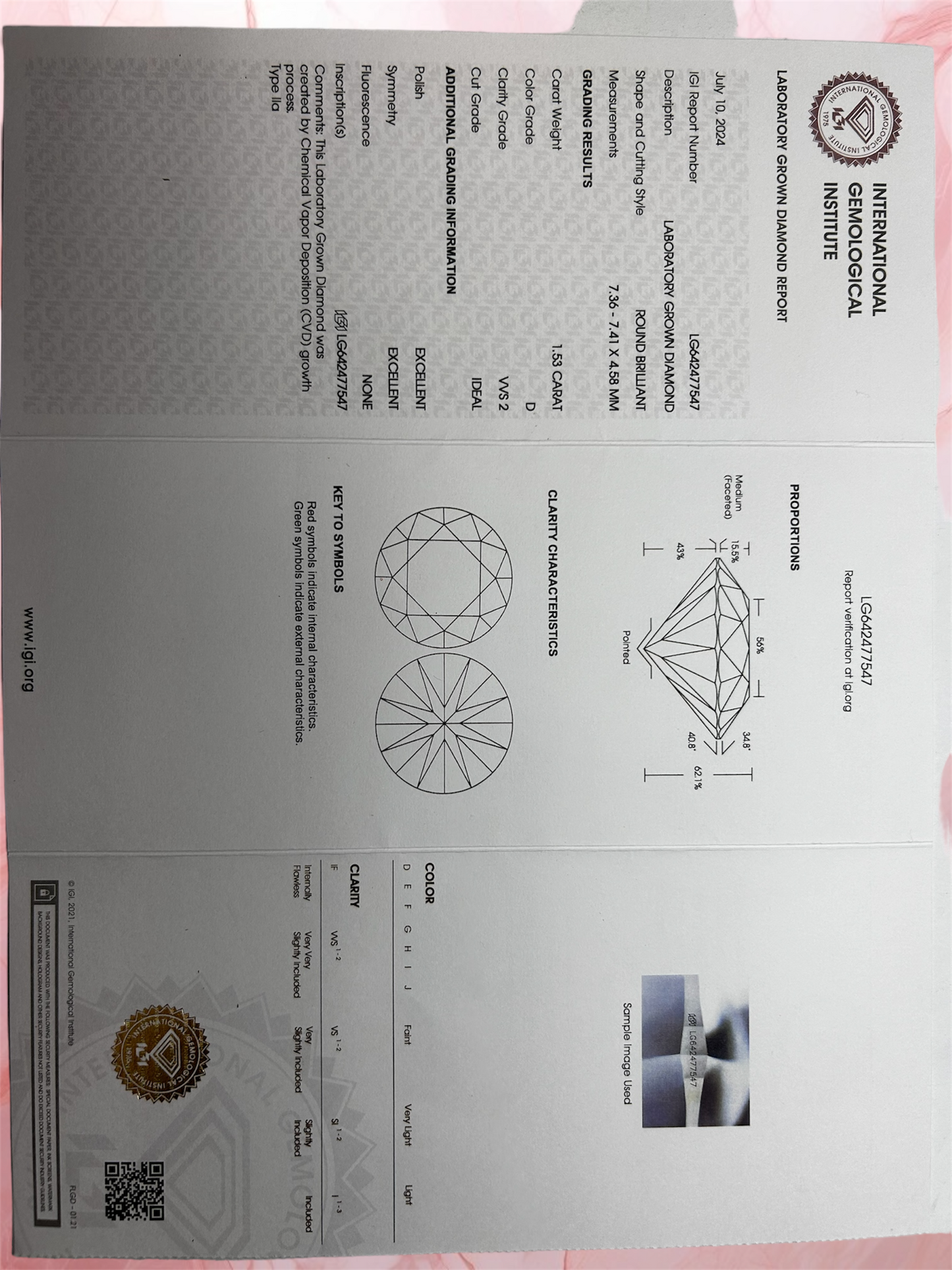 1.53 Ct Weight Lab Grown Round Certified Diamond