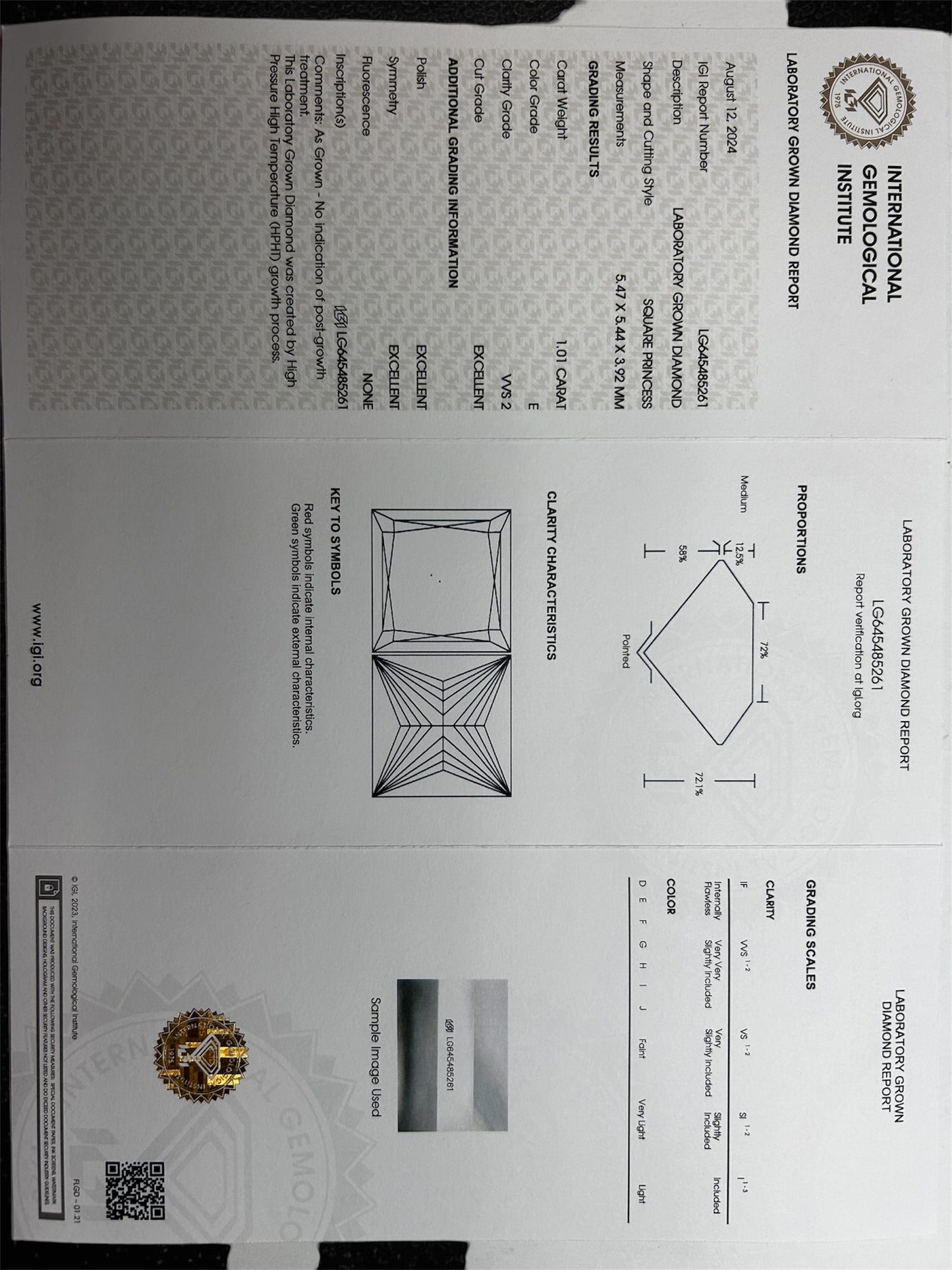 1.01 CTW Lab Grown Square Princedd Cut Certified Diamond