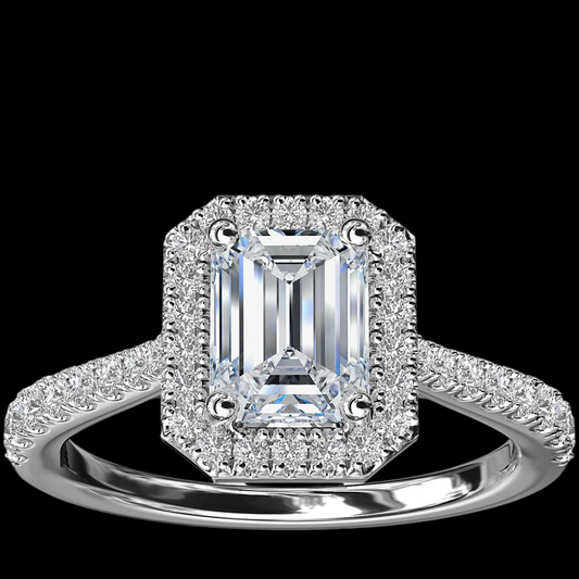 Emerald Cut Bridge Halo Engagement Ring