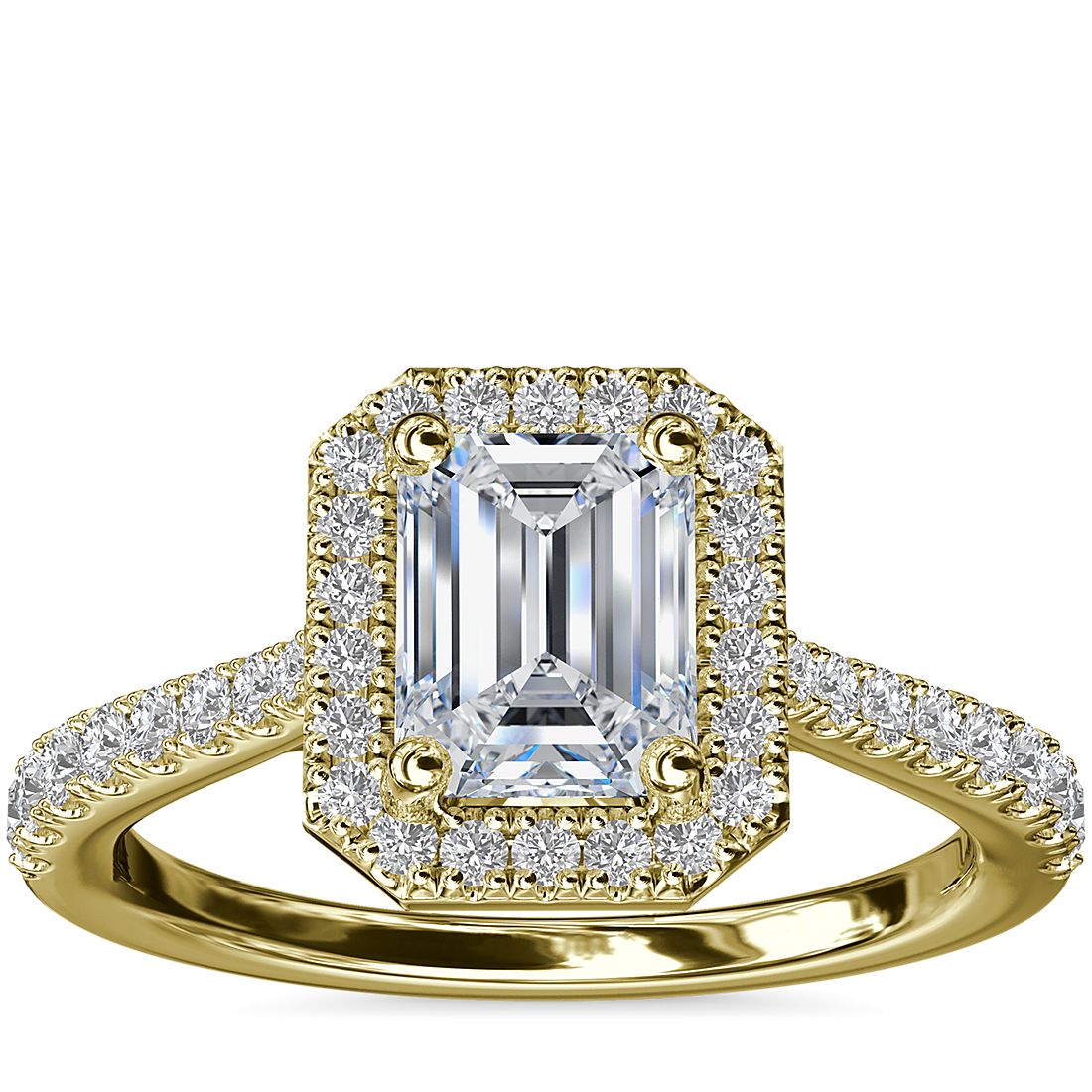 Emerald Cut Bridge Halo Diamond Engagement Ring 14K Yellow