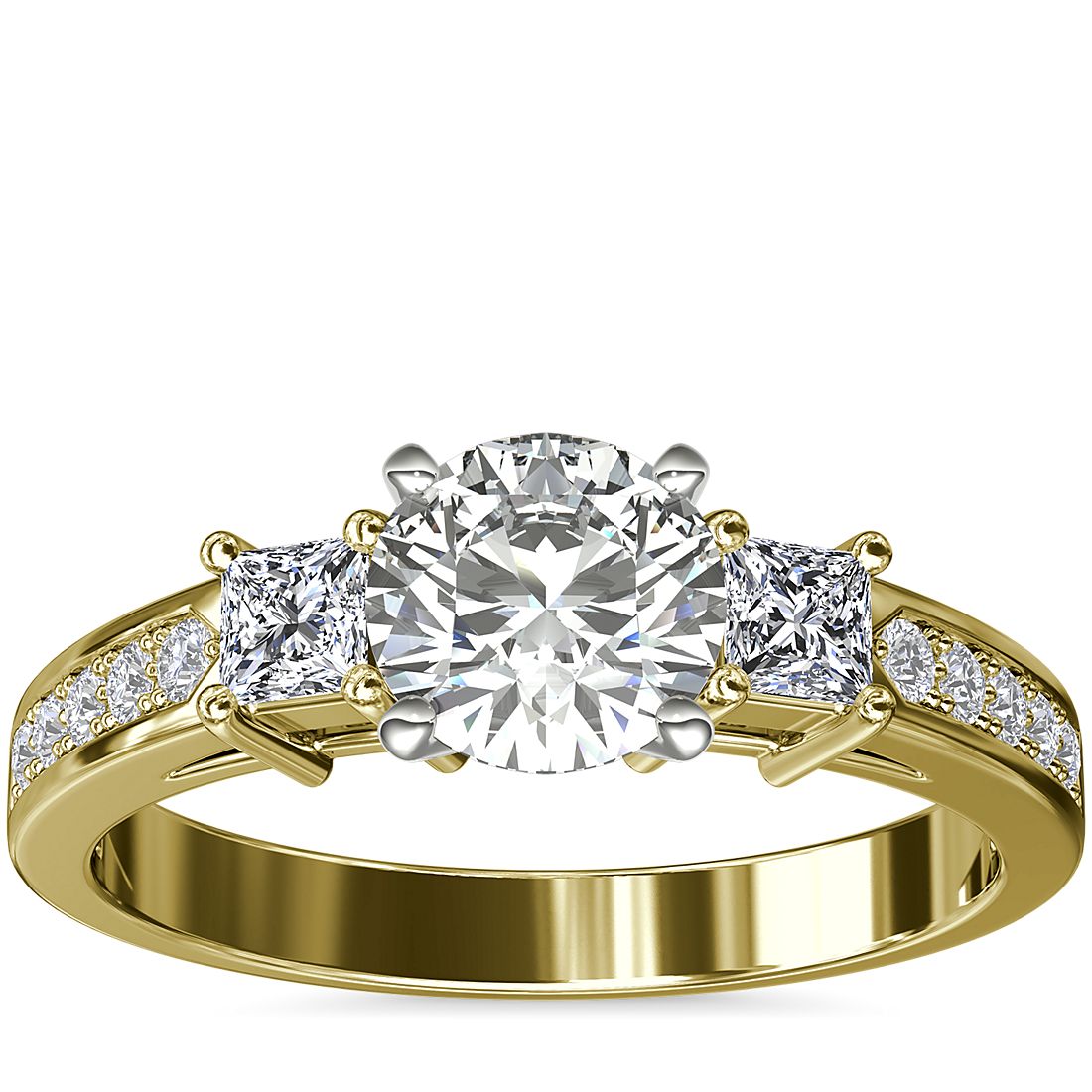 3 Stone Princess-Cut Pave Diamond Engagement Ring 14K Yellow