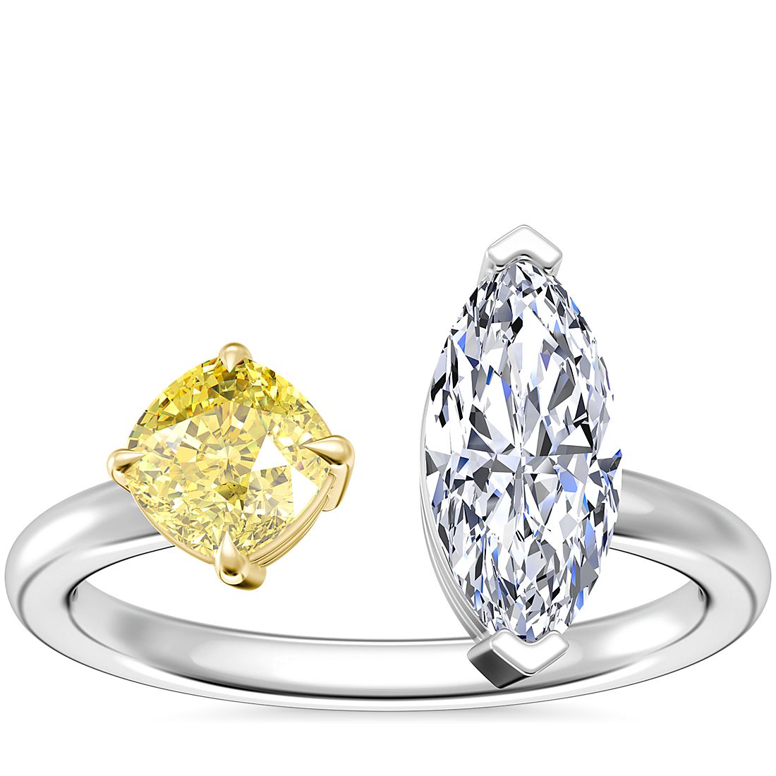 2 Stone Marquise & Fancy Yellow Engagement Ring 14K White