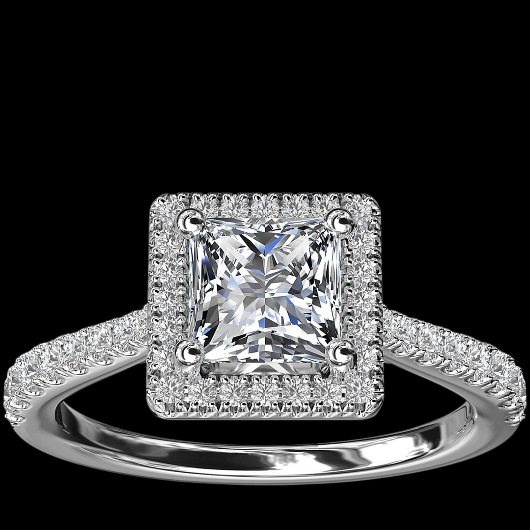 Princess-Cut Bridge Halo Diamond Engagement Ring 14K White