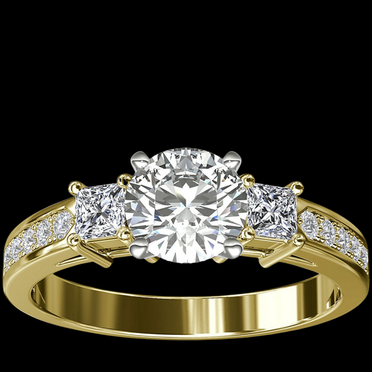 3 Stone Princess-Cut Pave Diamond Engagement Ring 14K Yellow