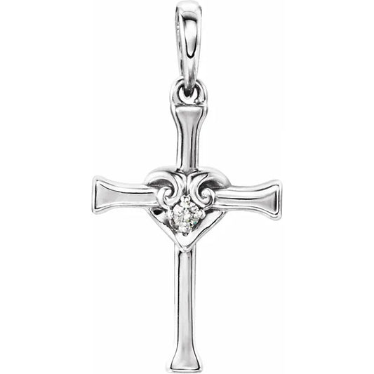 14K White .025 CT Natural Diamond Cross with Heart Pendant