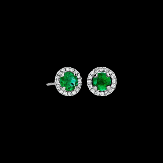 Emerald and Diamond Halo Studs 14K White Gold