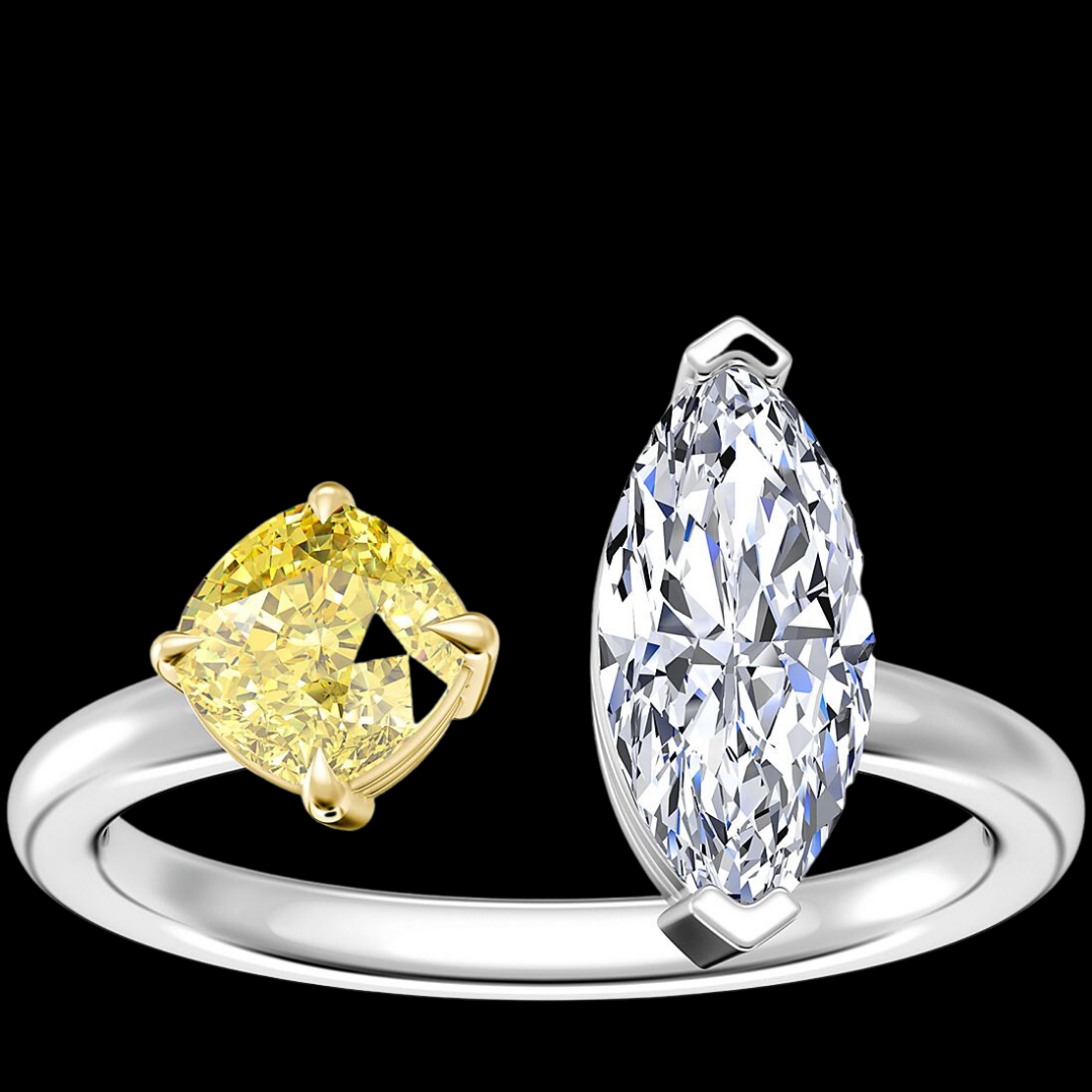 2 Stone Marquise & Fancy Yellow Engagement Ring 14K White