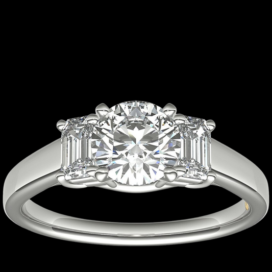 3 Stone Emerald Cut Engagement Ring 14K White