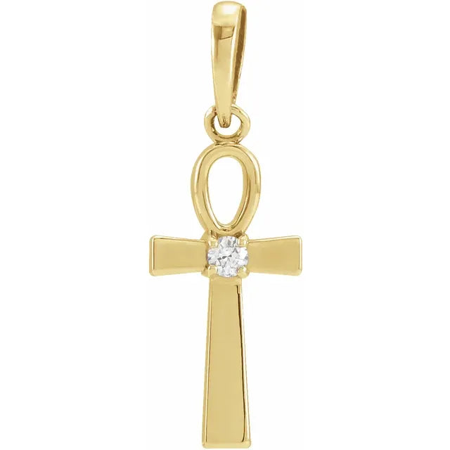 14K White .03 CT Natural Diamond Ankh Cross Pendant