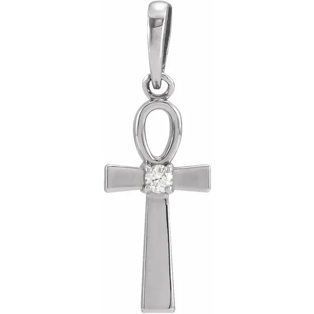 14K White .03 CT Natural Diamond Ankh Cross Pendant