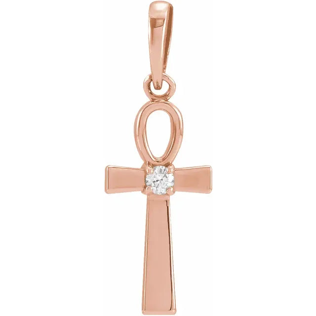 14K White .03 CT Natural Diamond Ankh Cross Pendant